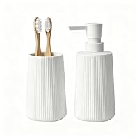 GAHEFY 2-teiliges Badezimmer-Accessoire-Set, Seifenspender mit 250 ml & Zahnputzbecher, Modernes Rillen-Design aus ABS-Kunststoff, für Waschbecken & Badablage (Weiß)
