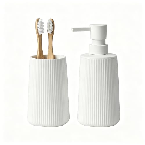 GAHEFY 2-teiliges Badezimmer-Accessoire-Set, Seifenspender mit 250 ml & Zahnputzbecher, Modernes Rillen-Design aus ABS-Kunststoff, für Waschbecken & Badablage (Weiß)