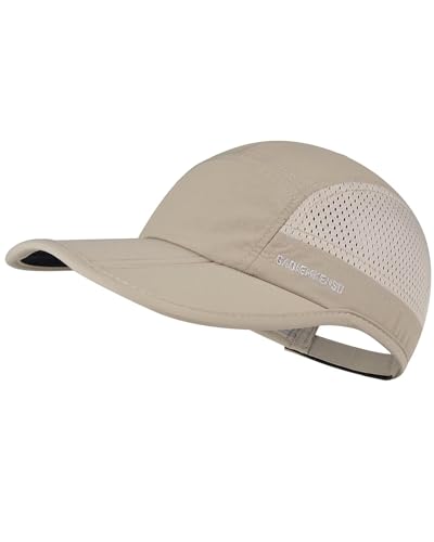 GADIEMKENSD Folding Running Men Hat Long Brim Golf Hats Quick Dry Baseball Caps Unstructured Breathable Light Cooling Cap Adjustable Trucker Hat for Outdoor Sport Hiking Workout Gym Travel Khaki