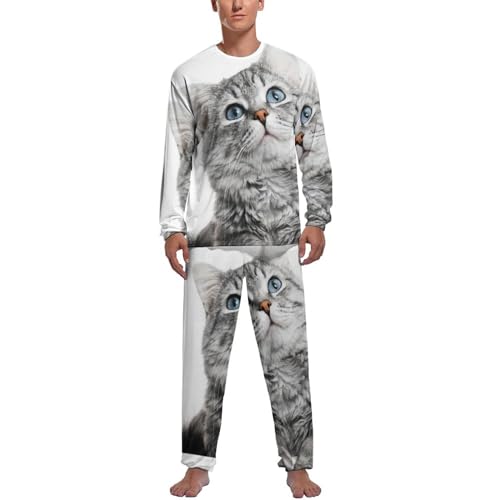 Ensemble de pyjama homme chat mignon gris en coton avec haut manche longue et pantalon