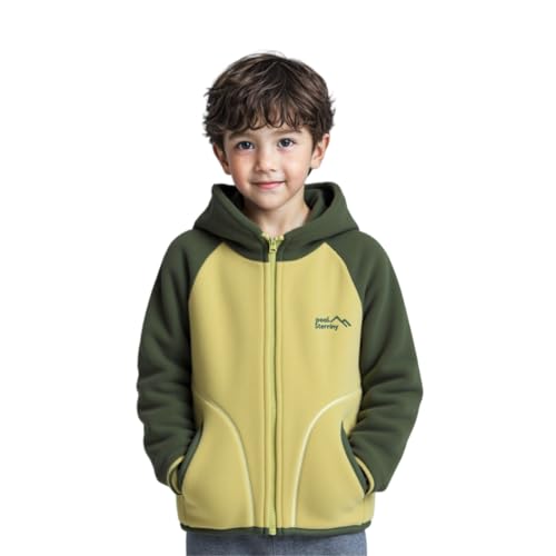 Kids Fleece Jacket, Color Block Hooded Coat, Full-Zip Winter Outerwear with Pockets, (US, Numeric Height, 140, Fruit green)