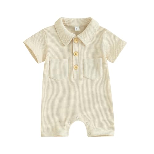 Image of AEEMCEM Newborn Baby Boy Clothes Waffle Knit Polo Romper Bodysuit Solid Short Sleeve Collared Onesie One Piece Jumpsuit
