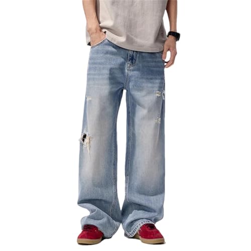 Men's Casual Ripped Denim Jeans, Distressed, Wide Leg Pants, Streetwear Trend