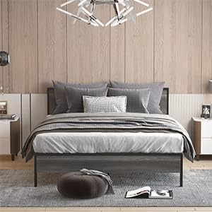 Miniatura 4 de Weehom Base de cama tamaño Queen con cabecero de madera de 14 pulgadas de alto, no necesita somier, sin ruido, roble negro