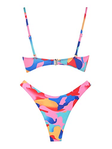 ZAFUL Women's Strapless Ribbed V Wired Lace Up Ruffle Tie High Cut Bandeau Swimsuits Bikini Set2