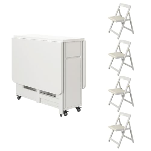 GUQASDV Juego de Mesa de Comedor Plegable Extensible, Mesa abatible de Madera Maciza, con 4 sillas y Ruedas, Mesa de Cocina Que Ahorra Espacio for el Comedor(Wit,Table with 4 Chairs)