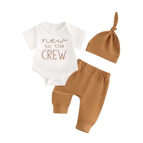 Newborn Baby Boy Girl Clothes New To The Crew Printed Romper Pants Set with Hat Coming Home Hospital Outfits