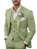 3 teiliges Herren Anzug Set aus Leinen, lässig, leicht, Blazer, Jacken, Westen, Hosen, Set für Hochzeit, Business, Abschlussball, Anzug, Hellgrün, L