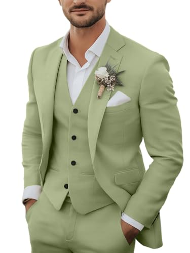 3-teiliges Herren-Anzug-Set aus Leinen, lässig, leicht, Blazer, Jacken, Westen, Hosen, Set für Hochzeit, Business, Abschlussball, Anzug, Hellgrün, M