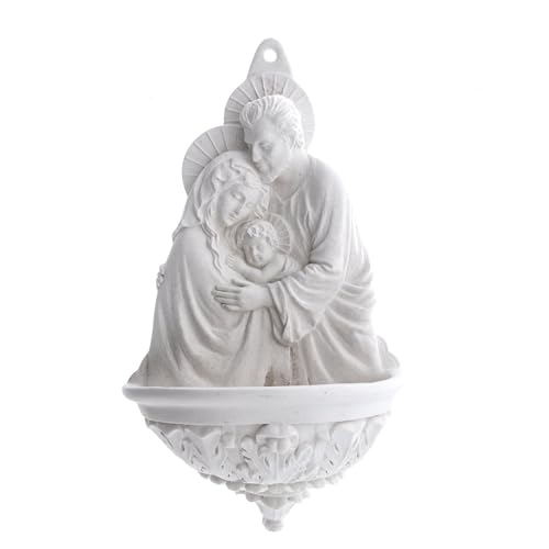 SHALOM - Acquasantiera Abbraccio Sacra Famiglia in Resina Bianca. Altezza 21 Cm