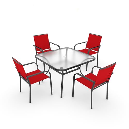 Image of Anmutig 5-Piece Outdoor Patio Dining Set 37-Inch Square Glass Table with 4 Stackable Chairs for Lawn Backyard and Deck, Red
