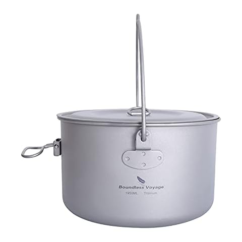 iBasingo 1.95L Camping Titanium Pot Cookware Hanging Stockpot Outdoor Small Bowl Cup Lightweight Hiking Picnic Portable Campfire Cooking Kit Travel 1 Person Kitchenware Tableware Mess Kit Ti2044C Cover