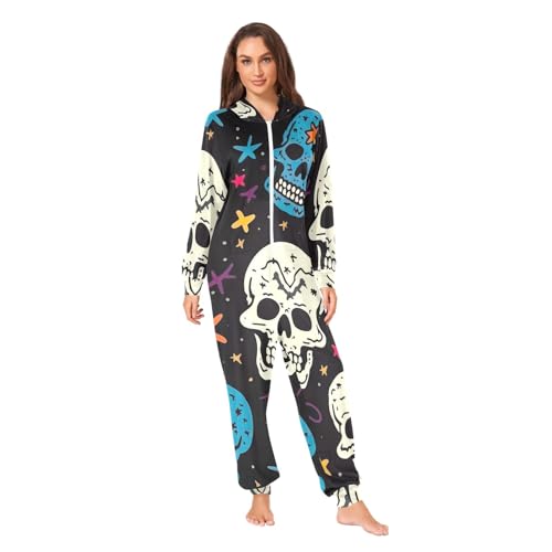 Pijama de Navidad de calaveras y estrellas unisex en felpa con cremallera