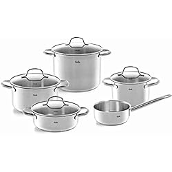 Cazuelas Fissler Fissler San Francisco Juego de ollas de acero inoxidable, 5 piezas, 3 ollas y 1 cacerola con tapa de cristal, 1 cazo sin tapa, aptas para todo tipo de placas, inducción