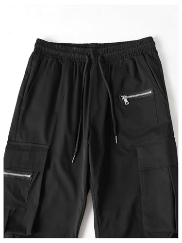 OYOANGLE Men's Loose Straight Leg Cargo Pants Solid Drawstring Waist Trousers with Pockets4