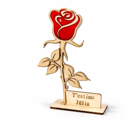Rosa de Madera Personalizada con Nombre – Regalo Sant Jordi Original, Rosa Roja Decorativa con Mensaje Te Quiero o T'estim0   Detalle Romántico para Pareja, Aniversario o Día de la Madre