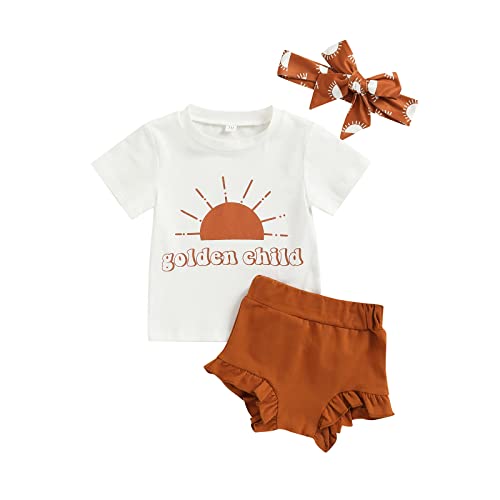 Image of AEEMCEM 3Pcs Baby Girl Summer Clothes Set Letter Print Short Sleeve T Shirt Top Floral Shorts Headband Outfit (Brown sun , 0-6 Months )