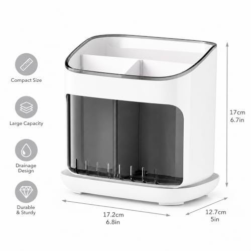 Image of Cutlery Holder with Drainage Tray | Kitchen Cutlery Organizer with Removable Partition | Large Capacity Countertop Storage Caddy (White)