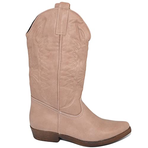  Stivali Donna camperos Texani Stile Western Cipria Nude con Fantasia Laser su Pelle Tinta Unita Altezza Polpaccio (39 EU)
