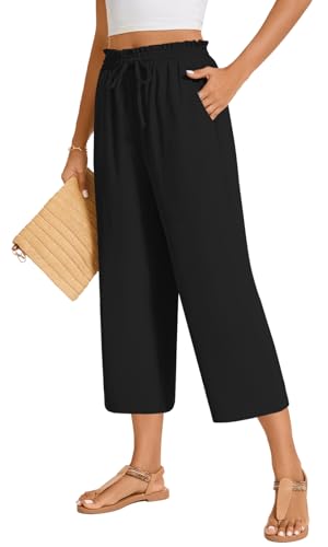 POPYOUNG Womens 3/4 Pants High Waisted Wide Leg Lounge Pants Drawstring Causal Palazzo Pants Trousers with Pockets
