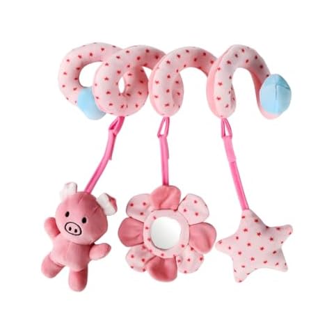 Ymeibe Baby Car Seat Toys, Infant Activity Spiral Plush Toys Hanging Stroller Toys for Baby Girl and Boy with Musical Sheep Rattles with Distorting Mirror (Pink Pig) Cover