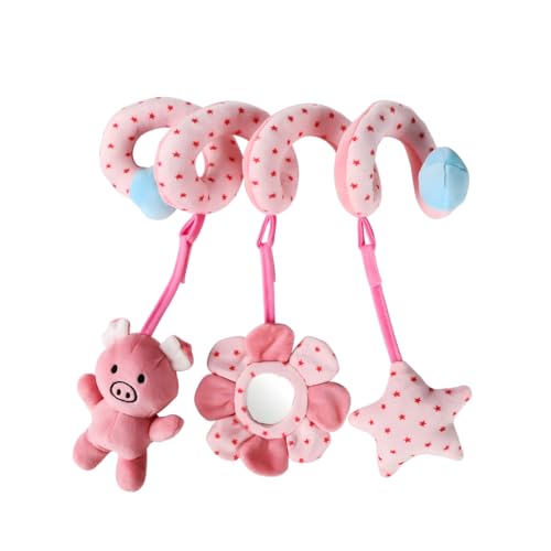 Image of Ymeibe Baby Car Seat Toys, Infant Activity Spiral Plush Toys Hanging Stroller Toys for Baby Girl and Boy with Musical Sheep Rattles with Distorting Mirror (Pink Pig)