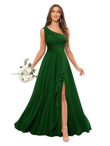 One Shoulder Bridesmaid Dresses for Women with Slit Long Chiffon Pleated A Line Formal Evening Dress