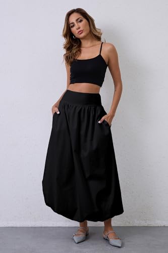 Y2K Bubble Maxi Skirts for Women A Line Long Pleated Casual Summer Skirts 2024 Elastic Waist Balloon Midi Skirt2