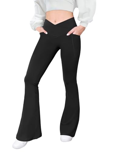 Flare Leggings with Pockets for Women Seamless Crossover Yoga Pants with Tummy Control Bootcut Work Pants Trendy2