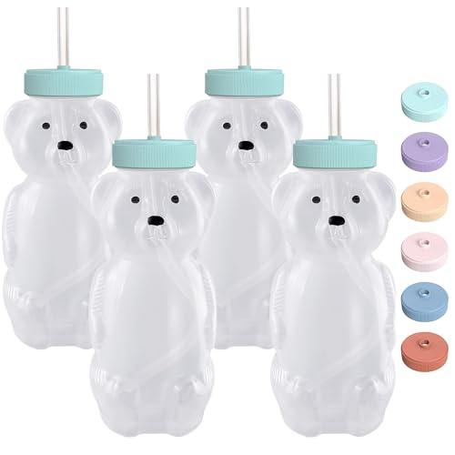 Honey Bear Straw Cups for Babies 4 pack, 8oz straw bear cup with improved safety lid design, honey bear cup and honey bear bottle. Straw learning therapy cup. Leak-Proof & Food-Grade & BPA Free