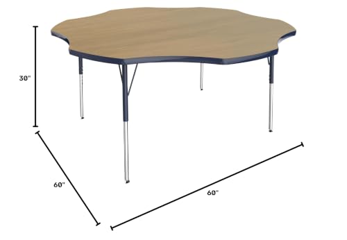 Image of FDP Flower (60 x 60 inch) Collaborative Classroom Table with Adjustable Standard Swivel Glide Legs (19-30 in); School and Office Furniture - Pasadena Oak Top /Navy Edge and Legs