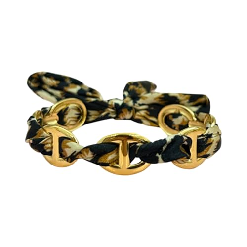 SARAI SHOP bracelet jonc- maille marine avec ruban leopard - nez de cochon -doré-bracelet réglable - tendance - acier inoxydable