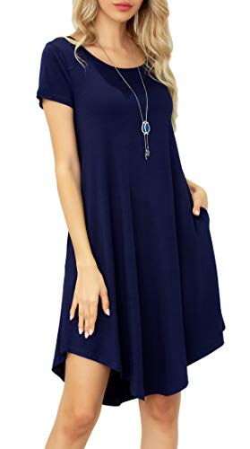 Image of Women Casual Loose Soft Crewneck Short Sleeve Pockets Swing T-Shirt Dress
