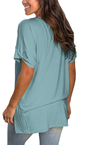 Image of Sampeel Women's V Neck T Shirts Casual Rolled Short Sleeve Side Split Summer Tops Loose Fit