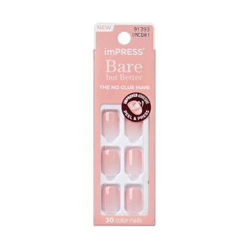 Kiss Impress Bare But Better No Glue Mani Press On Nails Kit, Instinct, 30 Nude Pink Short Squoval Nails, Natural-Looking Salon Gel Finish, Lasts Up To 10 Days, With Prep Pad, Mani Stick &amp; Mini File