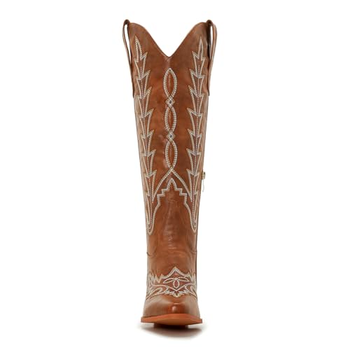 Image of Uillnoodu Wide Calf Cowboy Boots Women Knee High Tall Western Cowgirl Boots Adjustable Lace Up Plus Size Comfortable 2-Inch Heel