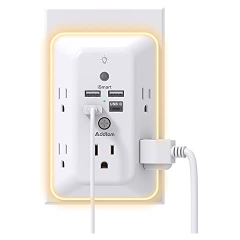 Surge Protector, Outlet Extender with Night Light, Addtam 5-Outlet Splitter and 4 USB Ports(1 USB C), Multi Plug Wall Outlet for Home Office Dorm Room Essentials Cover