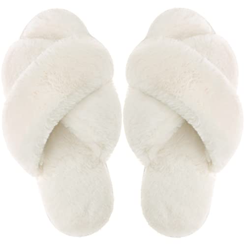 VONMAY Women's Fuzzy Slippers Cross Band Faux Fur Open Toe House Shoes - image 7