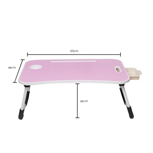 Image of Amazon Basics Engineered Wood Foldable Laptop Table with Cup Holder, Tablet Groove and Mini Drawer (60L x 40W x 26H cm, Pink)