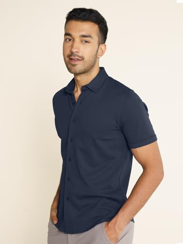 Image of DaMENSCH Men's Constant All-Degree Half Sleeve Regular fit Shirt, Pique Textured, Thermoregulating Cotton Blend, Recycled Fabric Shirts Stylish