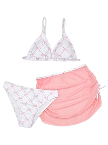 Image of Girl's 3 Piece Sets Floral Print Bikini Swimsuit High Waisted Bathing Suits with Beach Skirt Coverups