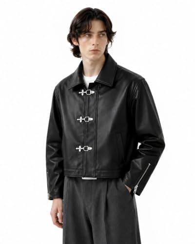 Image of Men's Stylish Boxy Fit Oversized Faux Leather Jacket With Full Sleeves With Unique Buttons For Casual Streetwear, Winter
