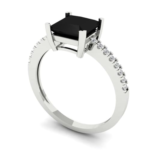 Clara Pucci 1.62 CT Princess Cut Natural Onyx Ring for Women in 14K White Gold, Solitairewith Accents Proposal Wedding Anniversary Designer Bridal Ring, Womens Solid Gold Ring2