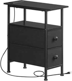 HOOBRO End Table with Charging Station, Narrow Side Table with 2 Fabric Drawers, Skinny Nightstand with Storage, Slim Bedside Table for Bedroom, Living Room, Small Spaces, Black BB487UBZ01