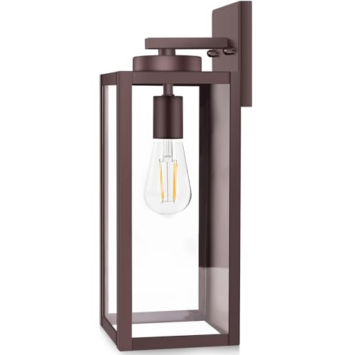 Image of BesLowe 15 inch Large Outdoor Wall Light Fixture, Exterior Porch Sconce, Brown | Waterproof, Rust-Resistant, Durable Metal with Clear Glass, Standard E26 Socket, Easy to Install