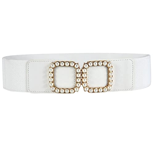 YOU&M Women's Elastic Wide Pearl-Buckle Stretch Waist Belts for Elegant Dress