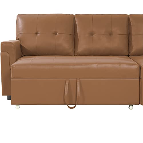 Naomi Home Diora Sectional Sleeper Sofa - Elegant L-Shaped Couch Convertible Pull-Out Bed, Ample Storage, Timeless Design, Sturdy Construction, Long-Lasting For Modern Living, Air Leather, Caramel #TOP4