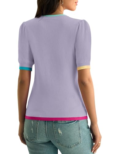 Image of Yousify Womens Puff Short Sleeve Sweater Top Summer Trendy Crew Neck Casual T Shirts Blouses