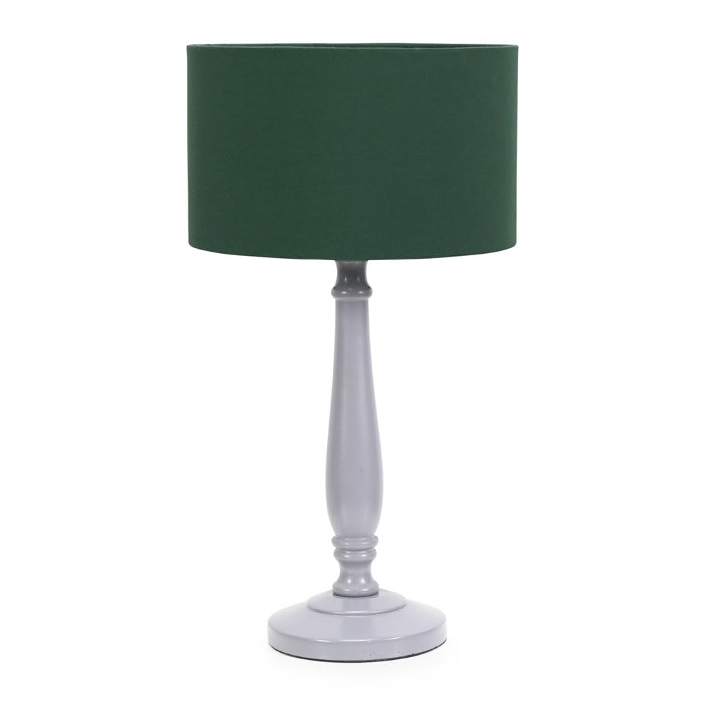 Valuelights Green Victoria Grey Wood Traditional Table Lamp With Fabric Drum Shade & Led Bulb In