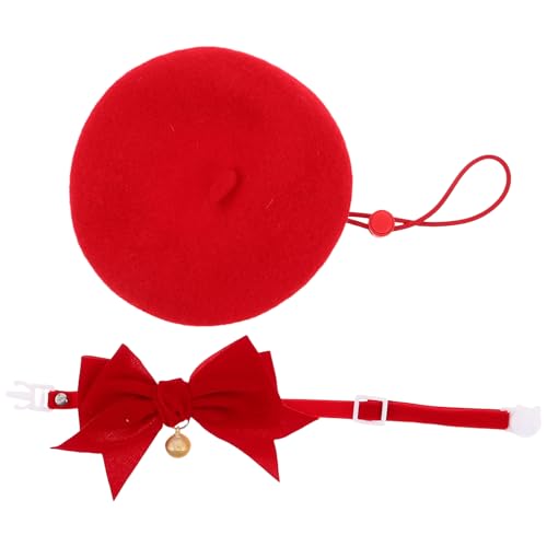 VANZACK ペット用ウールベレー帽:猫と小型犬用のベル付き蝶ネクタイカラー - 誕生日やホリデーのお祝いに最適な快適なウールペット用帽子